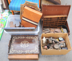 Lot 35 - Group Lot of Mixed Items incl Assorted Tools, Wooden Trays, Assorted Gl