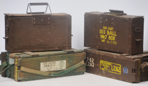 Lot 43 - 4 x Vintage Wooden Military Ammo Crates incl Crates for 9mm from 1945,