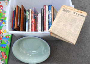 Lot 46 - Box lot of Books, Prints & Other Items incl Large Enamel Bowl, 1939