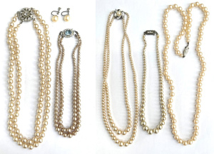 Lot 56 - Group vintage pearls necklaces & pair earrings some with silver cla