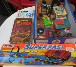 Lot 75 - Box lot Games and Toys, incl Marbles, Comics, Diecasts, Matchbox Stunt