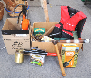 Lot 86 - 2 x Boxes of Mixed Blokey Items incl Bike Pumps, Fishing Equipment, Han