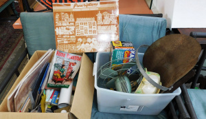 Lot 100 - 2 x Boxes Mixed items inc Vintage Elcon metal fan, 1960s Magazines, Fi