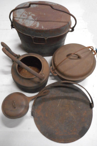Lot 101 - Group lot Cast Iron (and other) Camping Cooking Pots, Kettle, BBQ Gril