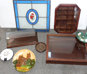 Lot 110 - Mixed Group lot inc 3 Timber Table top display cases, Stained Glass Pa