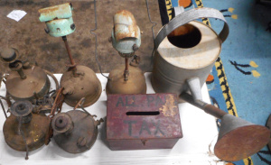 Lot 111 - Box lot Camp Stoves, Tilly Lamps, Ballot Box, Watering Can (AF), etc