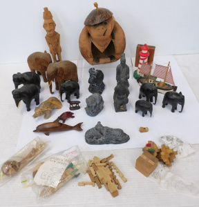 Lot 139 - Group lot of Carved Wooden & Stone items inc Elephants, Bears, Sai