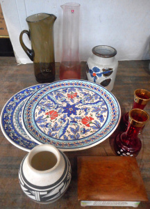 Lot 142 - Group lot glass and Ceramics, incl Iittala glass jug, pair Turkish Cha