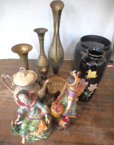 Lot 143 - Group lot Metalware and Oriental ware, incl Brass Vases, Chinese figur