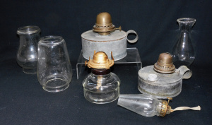 Lot 148 - Group Lot of Oil Lamps & Accessories inc 2 x Round Metal Lamp base
