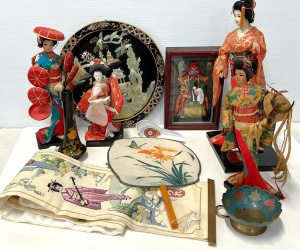 Lot 151 - Group oriental - Japanese dolls, ceramics, mother of pearl wall plaque