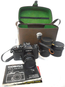 Lot 180 - Vintage Cosina Hi-Lite 405 Hi Lite Reflex Camera with lenses, flashes