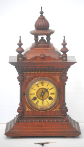 Lot 181 - c1900 wooden mantle clock poss German - loose finial