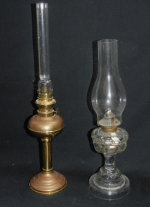 Lot 182 - 2 x Vintage Oil Lamps - Clear w Chimney & oval raised pattern 45cm