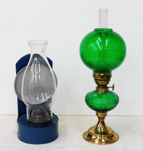 Lot 214 - 2 x Vintage Oil Lamps inc Brass w green hobnail font & green shade