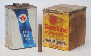 Lot 224 - 3 x Vintage Items incl Caltex 5 Litre Brake Fluid Tin, Sunshine Biscui