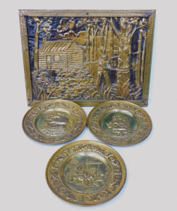 Lot 226 - 4 pces vintage Brass inc 3 round wall plaques with sailing boat scene