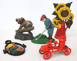 Lot 229 - Small lot of Cast Iron Painted Items incl Door Stops, Toy Fire Engine,