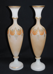Lot 234 - Pair c1900 Frosted Vases - White & Peach w handpainted orange &