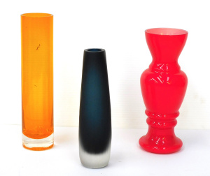 Lot 237 - 3 pces Art Glass inc Matt Black textured vase, Orange Cylinder vase &a