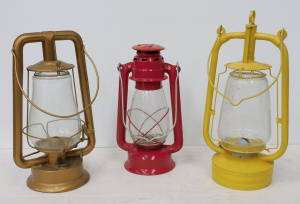 Lot 250 - 3 x Vintage Colourful Hurricane Lamps inc Gold American Rayo, Yellow T