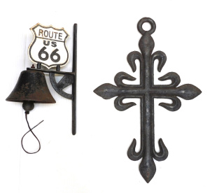 Lot 253 - 2 x Heavy Cast Iron Items inc Medieval Cross 51cm H & Route 66 Mou