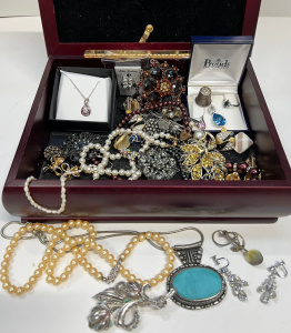 Lot 262 - Wooden box with costume jewellery - pearls, silver pendants, brooches,