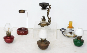 Lot 271 - Group lot of small vintage Oil Lamps inc Vapo Cresolene w brass stand