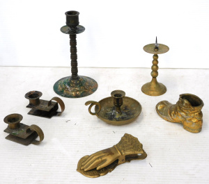 Lot 277 - Group lot of vintage Brass items inc Chambersticks, candlesticks, hand