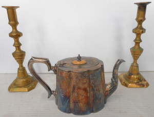 Lot 281 - Group Metalware, incl Decorative EPNS teapot, pair of Brass Candlestic