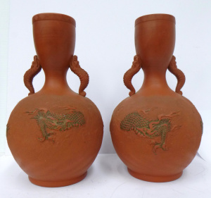 Lot 285 - Pair of Vintage Japanese Terracotta Tokaname Vases - raised dragon in