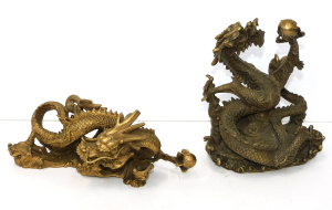 Lot 308 - 2 x Oriental Gilt Metal Dragon Figures chasing Orbs inc Heavy Bronze 1