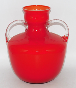 Lot 343 - Mid Century Italian Opalina Florentina Red Twin Handled Glass Vase - C