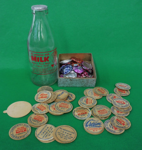 Lot 344 - Group lot - Vintage Milk Bottle + Foil & Cardboard Milk Bottle Top