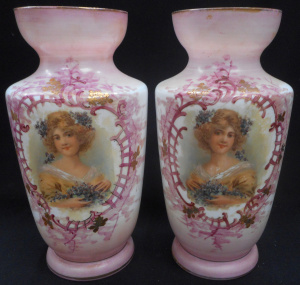 Lot 346 - Pair Victorian Milk Glass Vases with Transfer image of pretty girls to