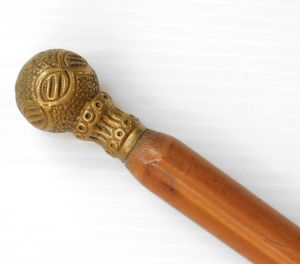 Lot 357 - Vintage Malacca cane Walking Stick w small decorative Embossed Brass C
