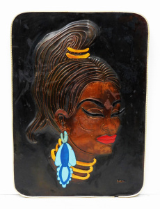 Lot 358 - Mid Century Kitsch Copper Wall plaque - Embossed Hand painted Tribal f