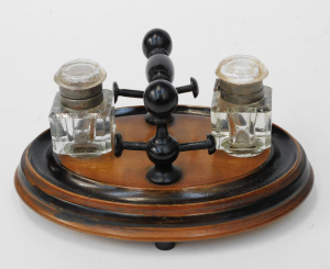 Lot 371 - Victorian Ink Well Desk Set- Oval wood base with pen rests & two f