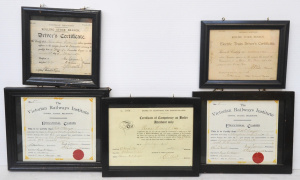 Lot 375 - 5 x 1920s Vintage Framed Victorian Railways Certificates incl Drivers