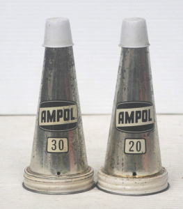 Lot 382 - 2 x Vintage Ampol Oil Bottle Tin Top Pourers - 20 & 30, Black &