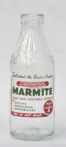 Lot 387 - Vintage 1 pint Glass Milk Bottle w Transfer printed Sanitarium Marmite