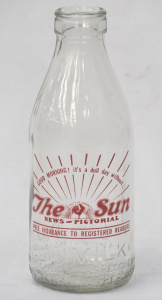 Lot 389 - Vintage 1 Pint Milk Bottle w Transfer printed The Sun News Pictorial