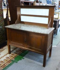 Lot 5 - Circa 1900 Wooden Washstand with white tiled back and marble top - missi