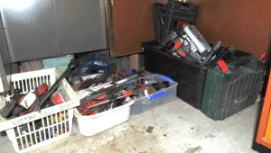 Lot 18 - Group Lot of Mixed Hand Tools, Power Tools & Hardware incl Hammers,