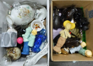 Lot 23 - 2 x boxes of assorted items inc, vintage Avon bottles, brass elephant,