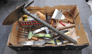 Lot 29 - Box lot of Vintage Leather & Other Tools incl Entrenching Tool, Lea