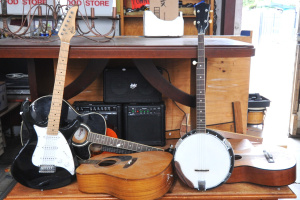 Lot 37 - Group Lot of Guitars & Amplifiers incl 5 String Banjo, Huxley 30W M