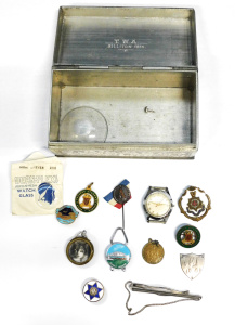Lot 58 - Vintage heavy Pewter Box & Contents incl Pins, Badges & Watch p