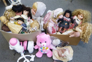 Lot 75 - 2 x boxes of mostly assorted Character Dolls with porcelain heads, a Ca