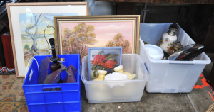 Lot 97 - Group Lot of Mixed Lighting & Framed Pics incl Glass Light Shades,